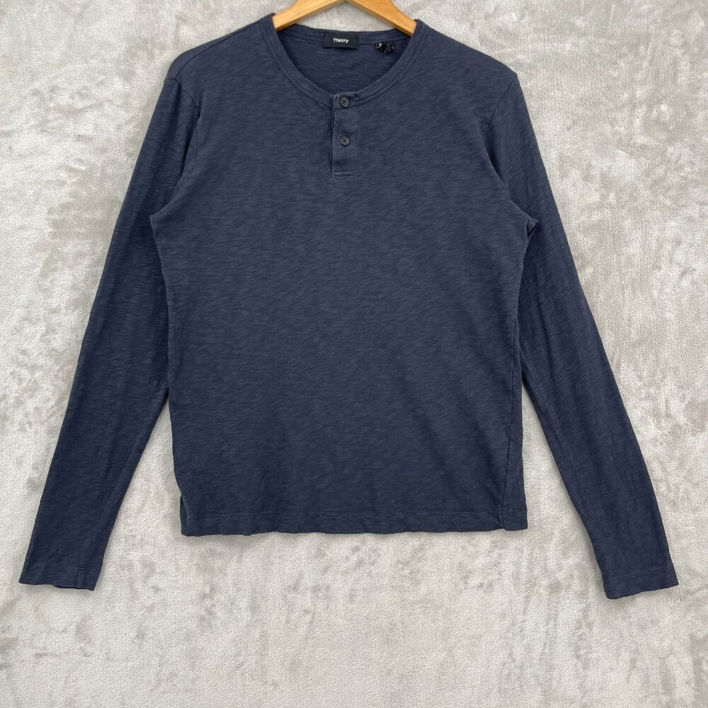 Theory Gaskell Henley Gray Cotton Long Sleeve Tee Shirt Classic Preppy